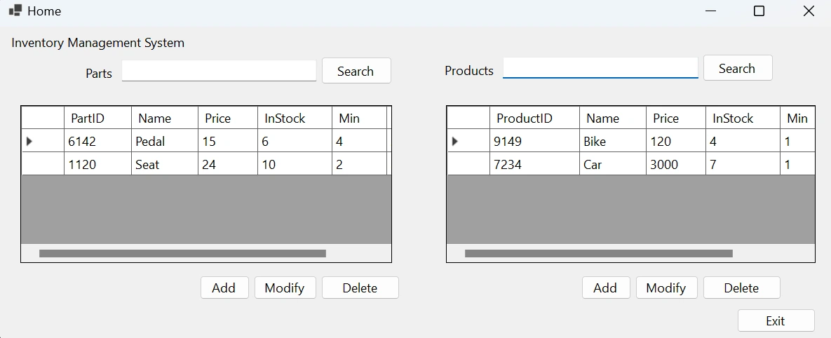 Homepage of inventory application