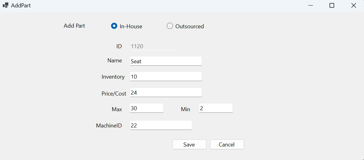 parts page of the inventory application