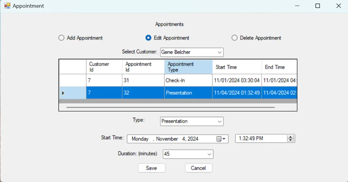 Appointments page of the schedule app