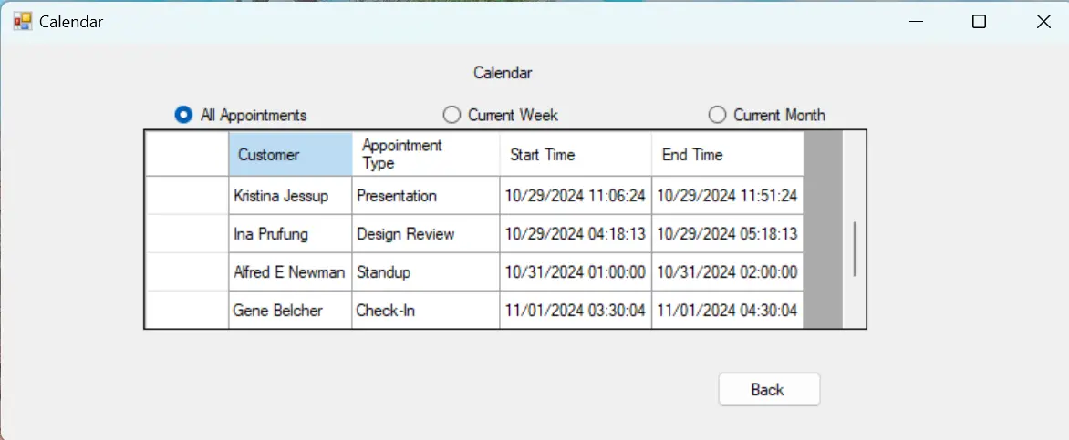 calendar view in the appointment app