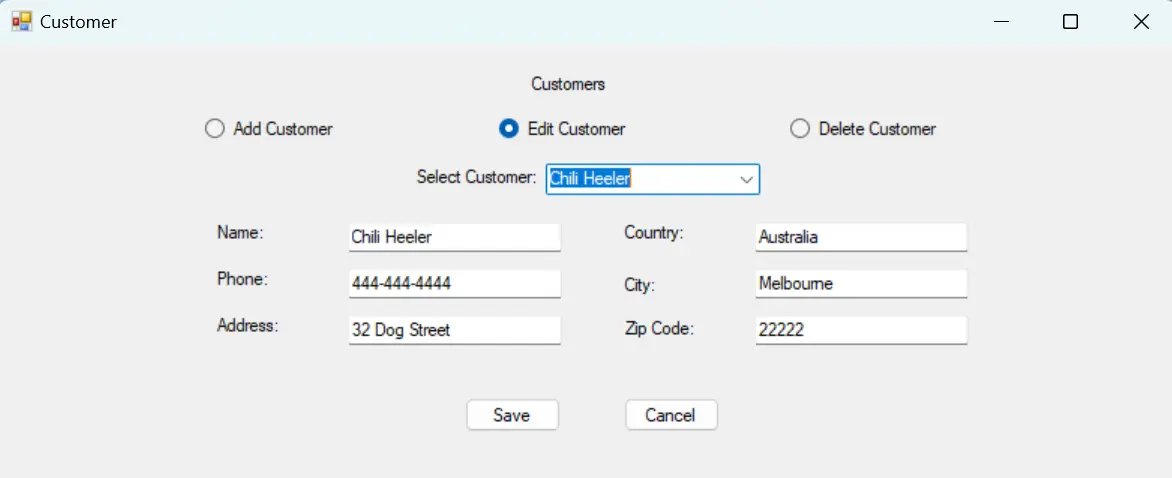 customer page where the user can add/edit/delete