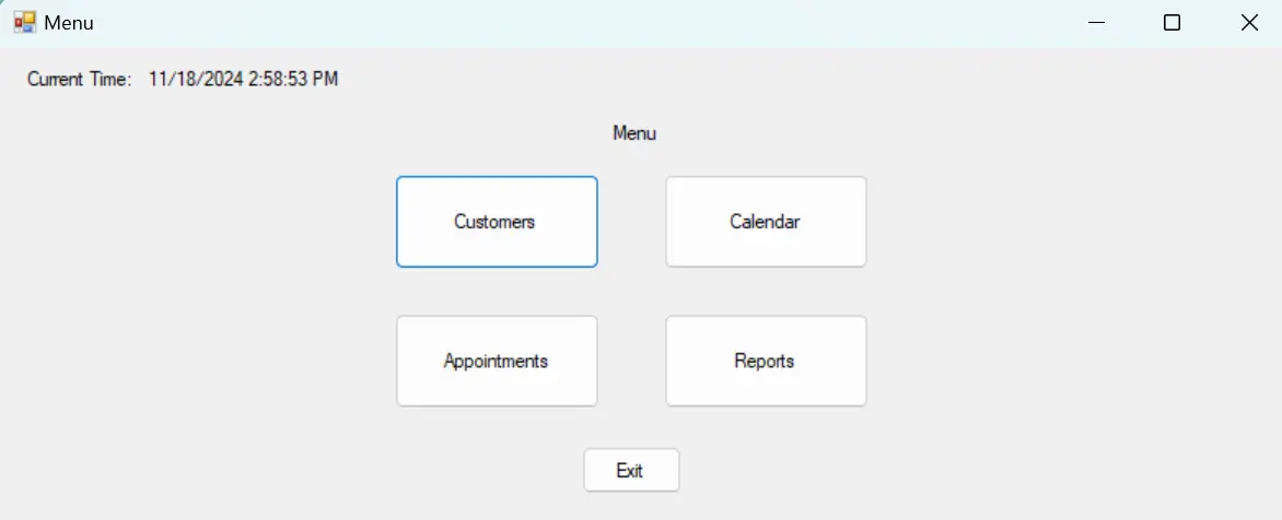 main menu of the appointment app.