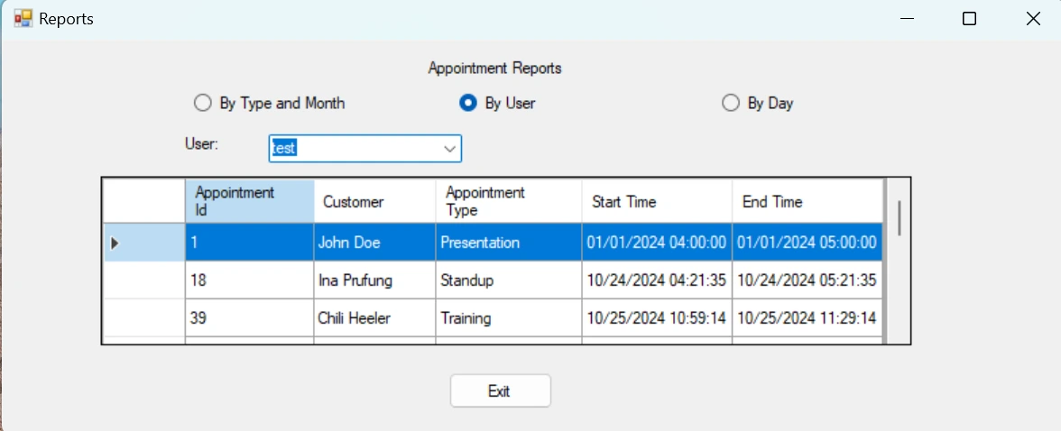 reports page in the appointment app